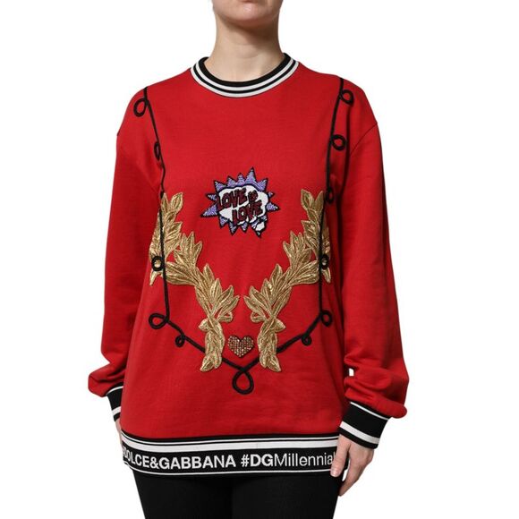 Dolce & Gabbana Red Cotton Queen Sequined Pullover Women's Sweater